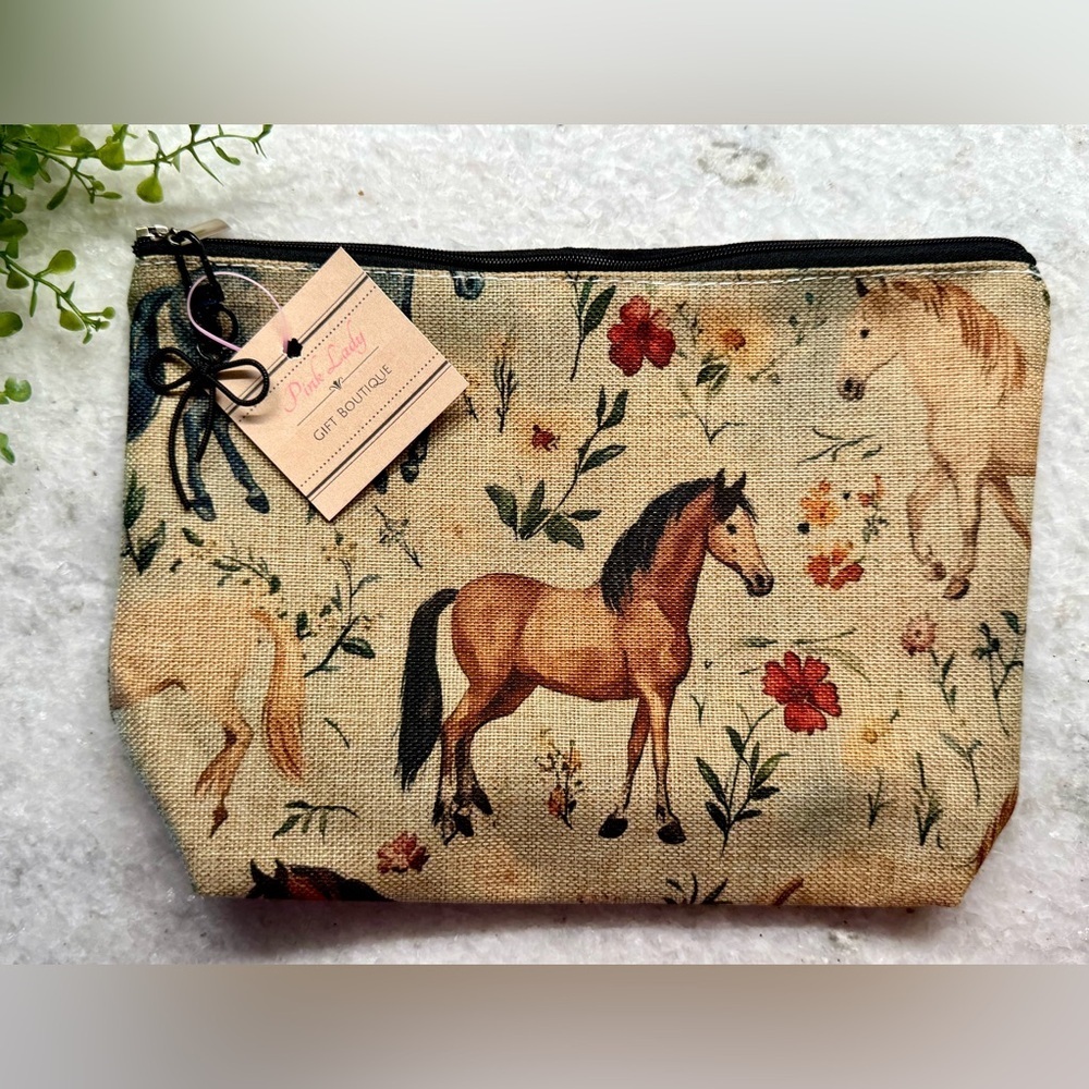 New Horses & Flowers Makeup Cosmetic Tech Pencil Zippered Bag w/ Bow Charm - 10” - Picture 5 of 8